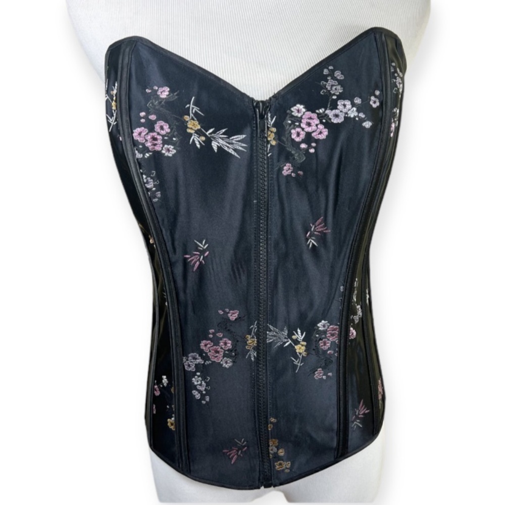 Shirley of Hollywood Black Satin Brocade Strapless Bustier Floral 36